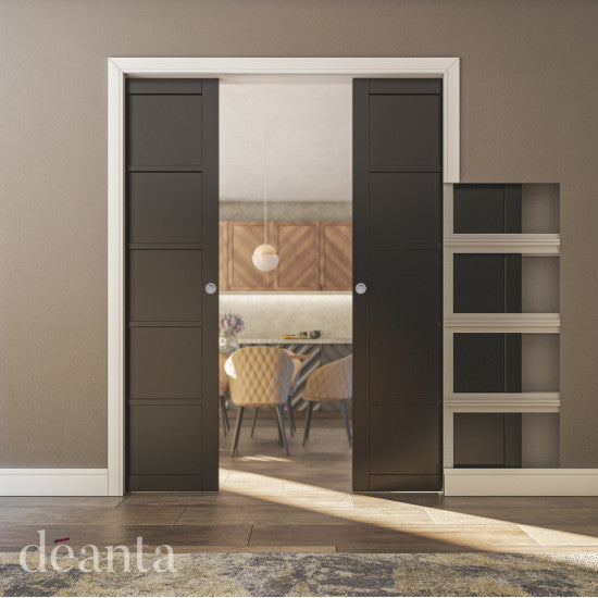 Deanta Double Door Kit + Handle & Doorjamb 100mm Oak Frame + Satin Chrome Finish Hardware