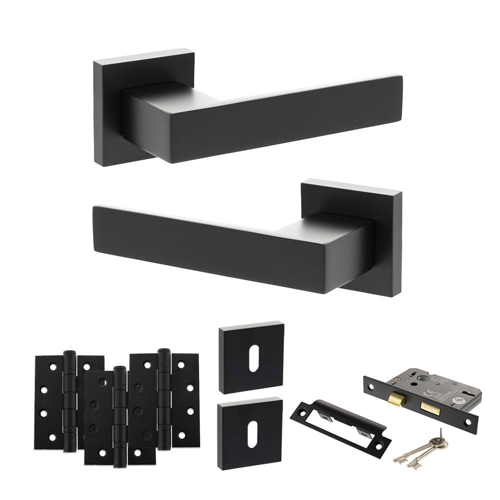 Atlantic UK Hardware Matt Black 2.5" Sashlock Lock Set 4" Grade 13 Hinges x3 Senza Pari Panetti on Square Rose ADPSP217M