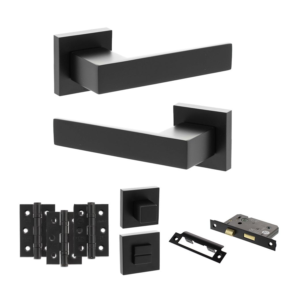 Atlantic UK Hardware Matt Black 3" Bathroom Set 3" Grade 7 Hinges x3 Senza Pari Panetti on Square Rose ADPSP217MB9