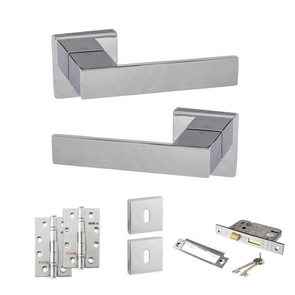 Atlantic UK Hardware Polished Chrome 2.5" Sashlock Lock Set 4" Slim Knuckle Hinges x2 Senza Pari Panetti on Square Rose