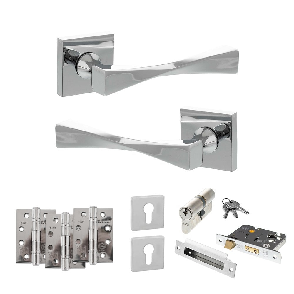 Atlantic UK Hardware Polished Chrome 3" Euro Lock Set 4" Grade 13 Hinges x3 Senza Pari Guido on Square Rose ADPSP190CP23