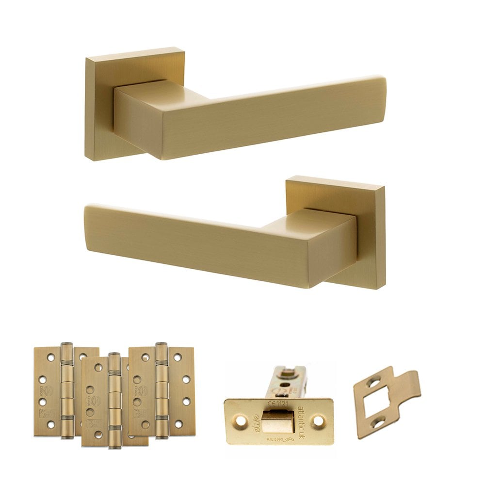 Atlantic UK Hardware Satin Brass 3" Latch Set 4" Grade 13 Hinges x3 Senza Pari Panetti on Square Rose ADPSP217SB4