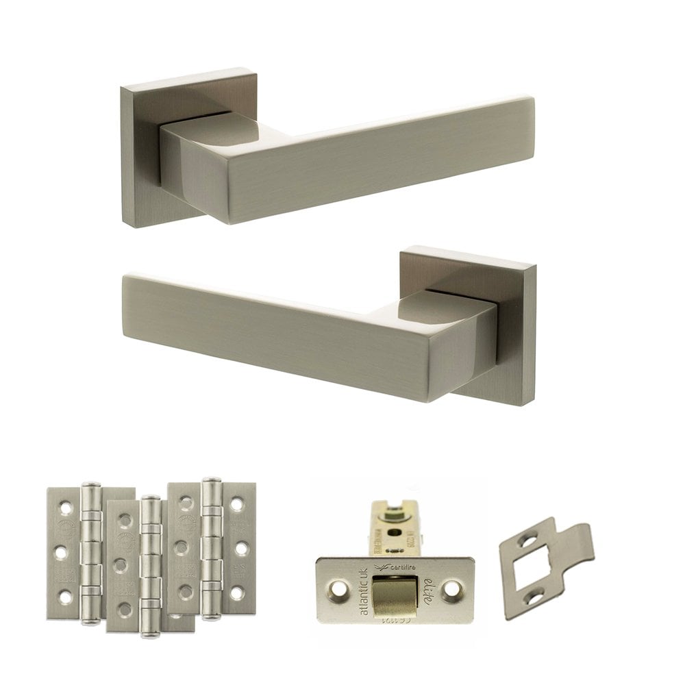 Atlantic UK Hardware Satin Nickel 2.5" Latch Set 3" Grade 7 Hinges x3 Senza Pari Panetti on Square Rose ADPSP217SN1