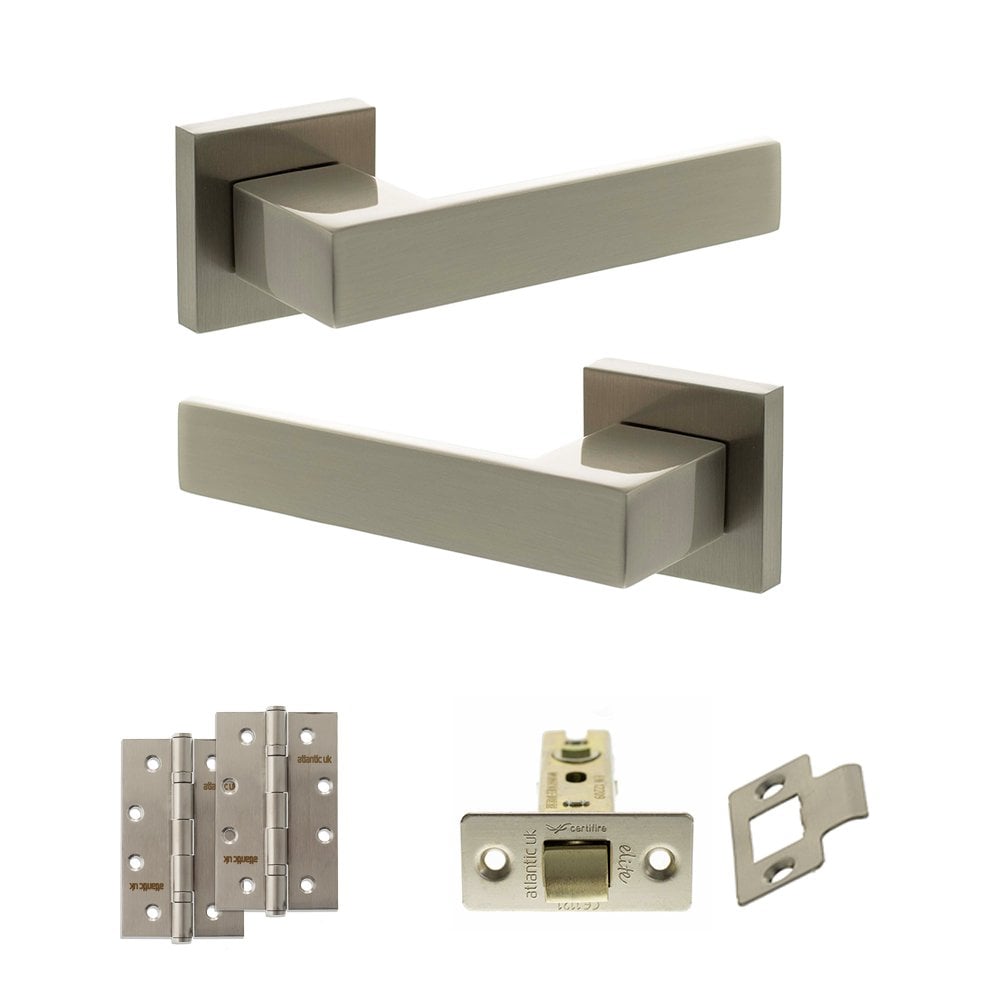 Atlantic UK Hardware Satin Nickel 2.5" Latch Set 4" Slim Knuckle Hinges x2 Senza Pari Panetti on Square Rose ADPSP217SN5