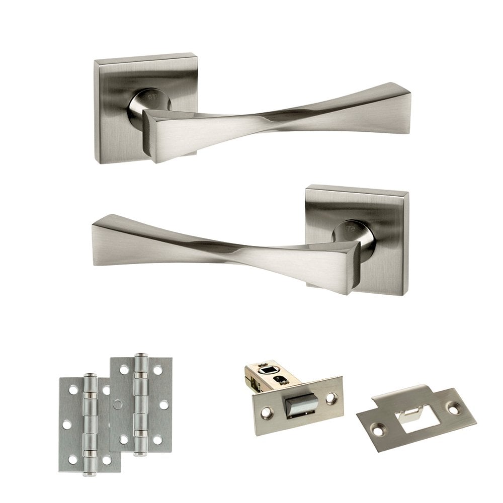 Atlantic UK Hardware Satin Nickel 2.5" Latch Set Senza Pari Guido on Square Rose 3" Ungraded Hinges x2 ADPSP190SN7