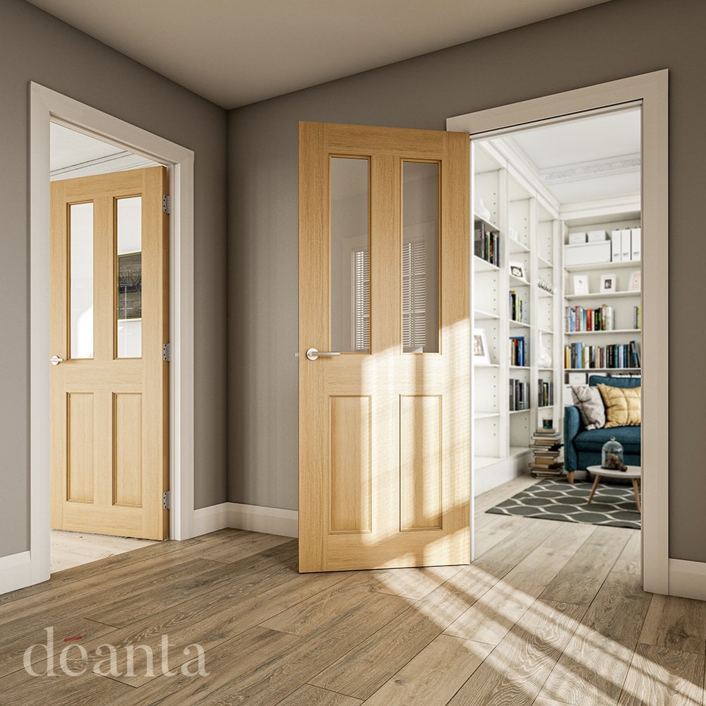 Deanta Bury Fully Finished Internal Oak Door with Clear Bevelled Glass 35NM4GBXFSC, view 2