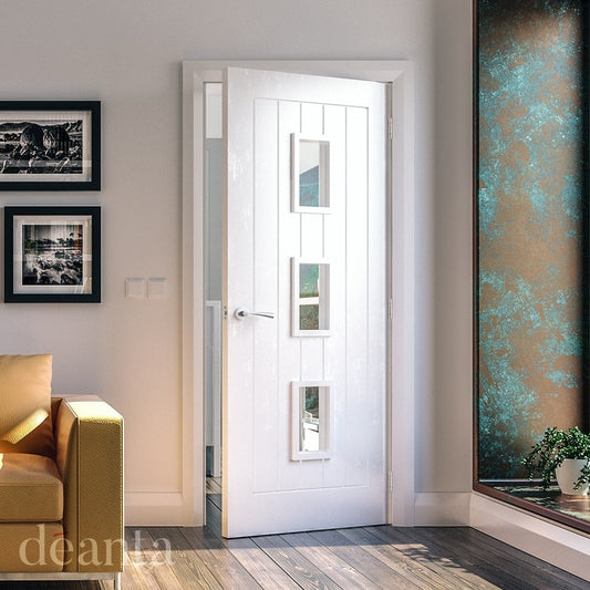 Deanta Ely White Primed Internal Door with Clear Glass (3L) 35ELYGBWHP