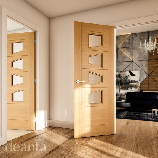 Deanta Seville 4l Slanted Fully Finished Internal Oak Door with Clear Glass 35UK16G4SXFSC