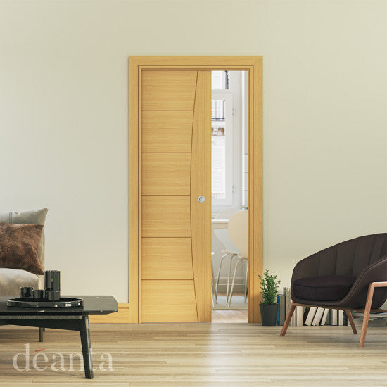 Deanta Single Door Kit + Handle & Doorjamb 100mm Oak Frame + Black Finish Hardware