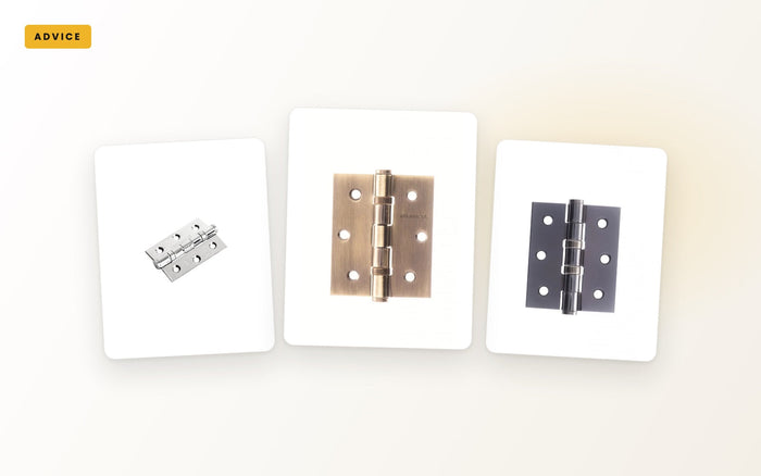 Ball bearing door hinges in satin, antique brass and black nickel