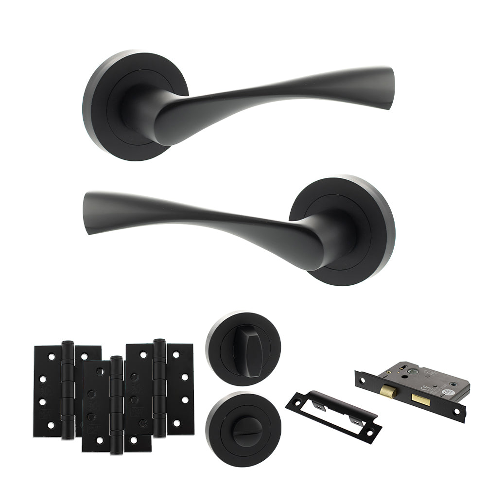 Eco Aqua Door Handle Pack (Bathroom Set - 2.5" CE Bathroom Lock, 4" Fire Rated Hinges x3) - Matt Black