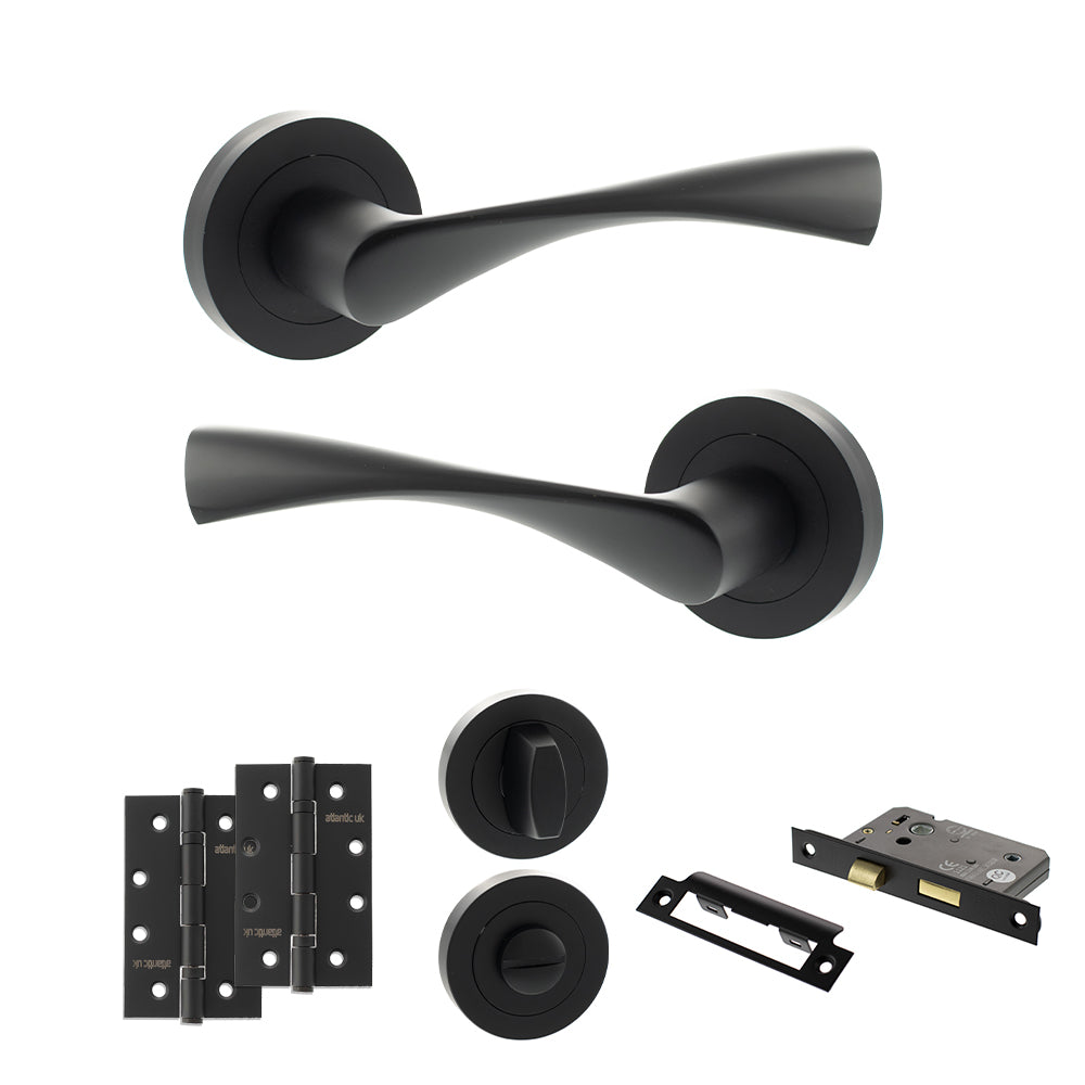 Eco Aqua Door Handle Pack (Bathroom Set - 2.5" CE Bathroom Lock, 4" Slim Knuckle Hinges x2) - Matt Black