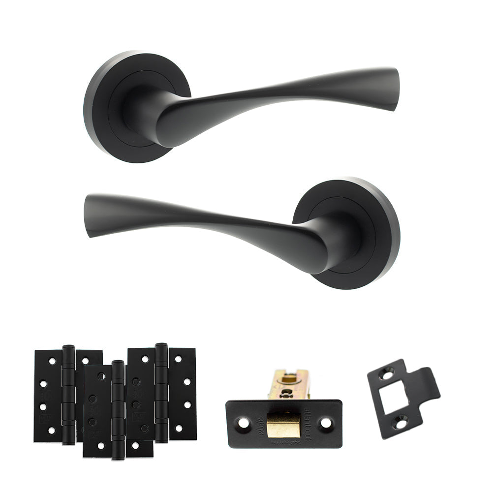 Eco Aqua Door Handle Pack (Latch Set - 3" CE Latch, 4" Fire Rated Hinges x3) - Matt Black