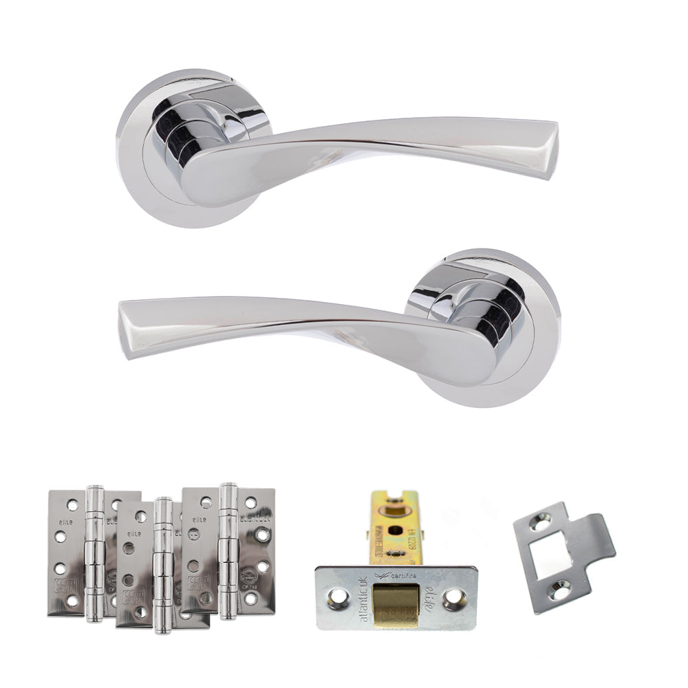 Eco Aqua Door Handle Pack (Latch Set - 3" CE Latch, 4" Fire Rated Hinges x3) - Polished Chrome