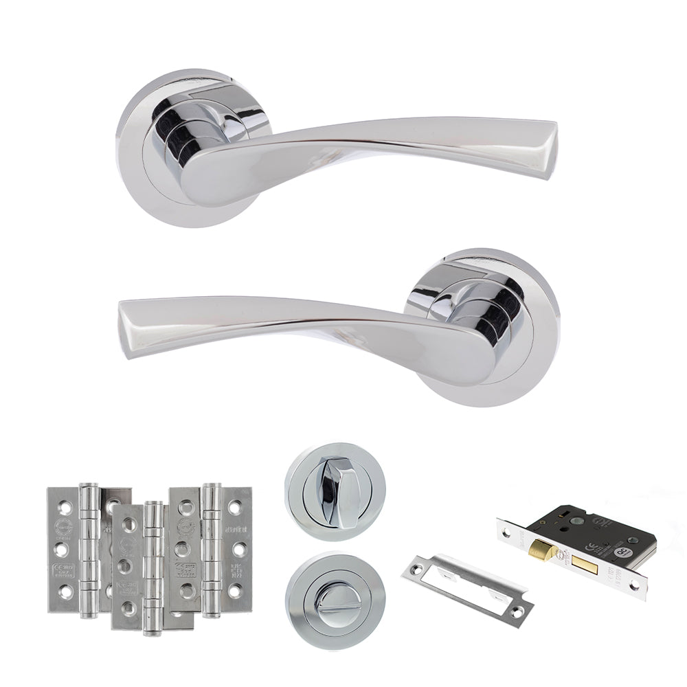 Eco Aqua Door Handle Pack (Bathroom Set - 2.5" CE Bathroom Lock, 3" Fire Rated Hinges x3) - Polished Chrome