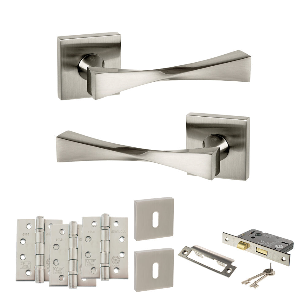 Senza Pari Guido Door Handle Pack (3 Lever Lock Set - 3" CE Sashlock, 4" Fire Rated Hinges x3) - Satin Nickel