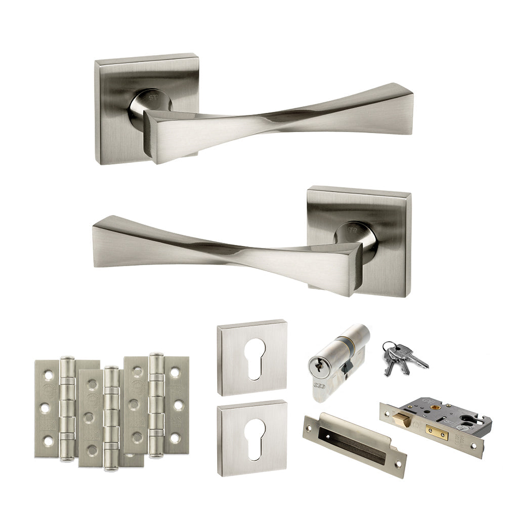 Senza Pari Guido Door Handle Pack (Euro Lock Set - 2.5" CE Sashlock, 3" Fire Rated Hinges x3) - Satin Nickel