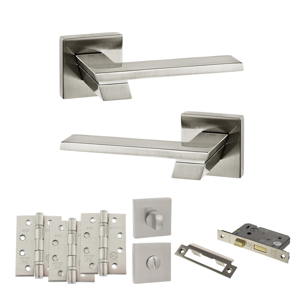 Senza Pari Giovanni Door Handle Pack (Bathroom Set - 2.5" CE Bathroom Lock, 4" Fire Rated Hinges x3) - Satin Nickel