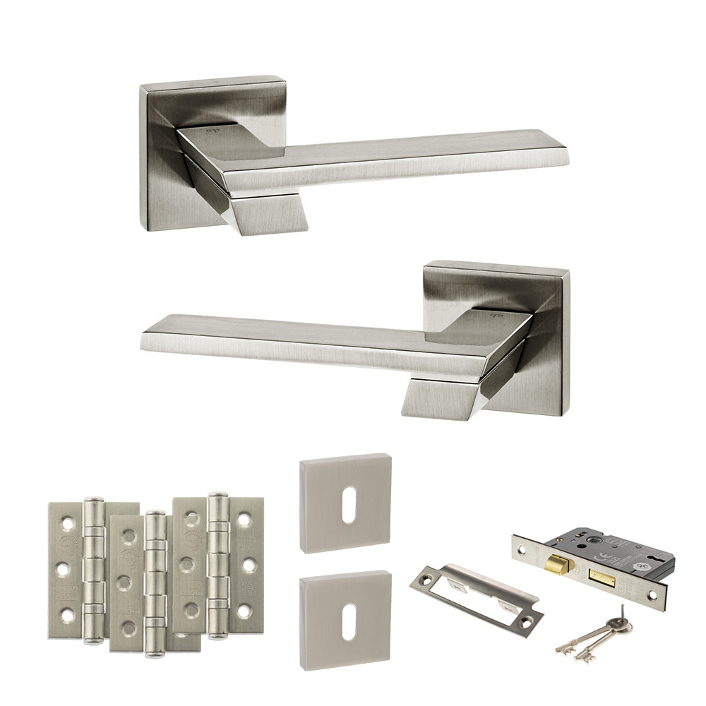 Senza Pari Giovanni Door Handle Pack (3 Lever Lock Set - 3" CE Sashlock, 3" Fire Rated Hinges x3) - Satin Nickel