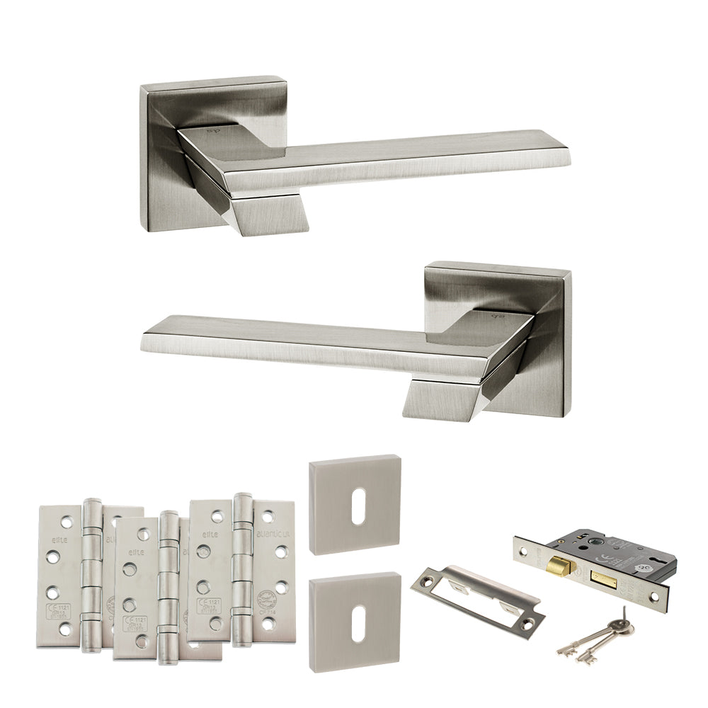 Senza Pari Giovanni Door Handle Pack (3 Lever Lock Set - 2.5" CE Sashlock, 4" Fire Rated Hinges x3) - Satin Nickel