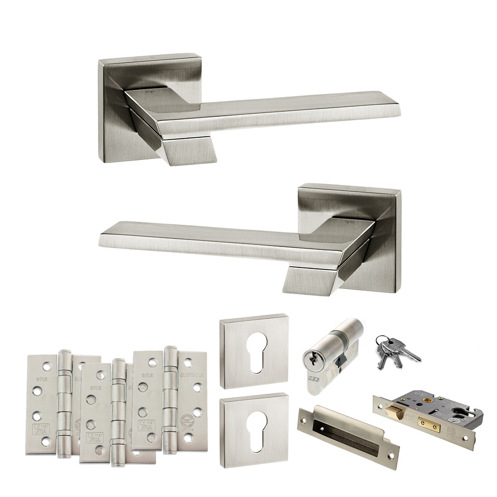 Senza Pari Giovanni Door Handle Pack (Euro Lock Set - 2.5" CE Sashlock, 4" Fire Rated Hinges x3) - Satin Nickel