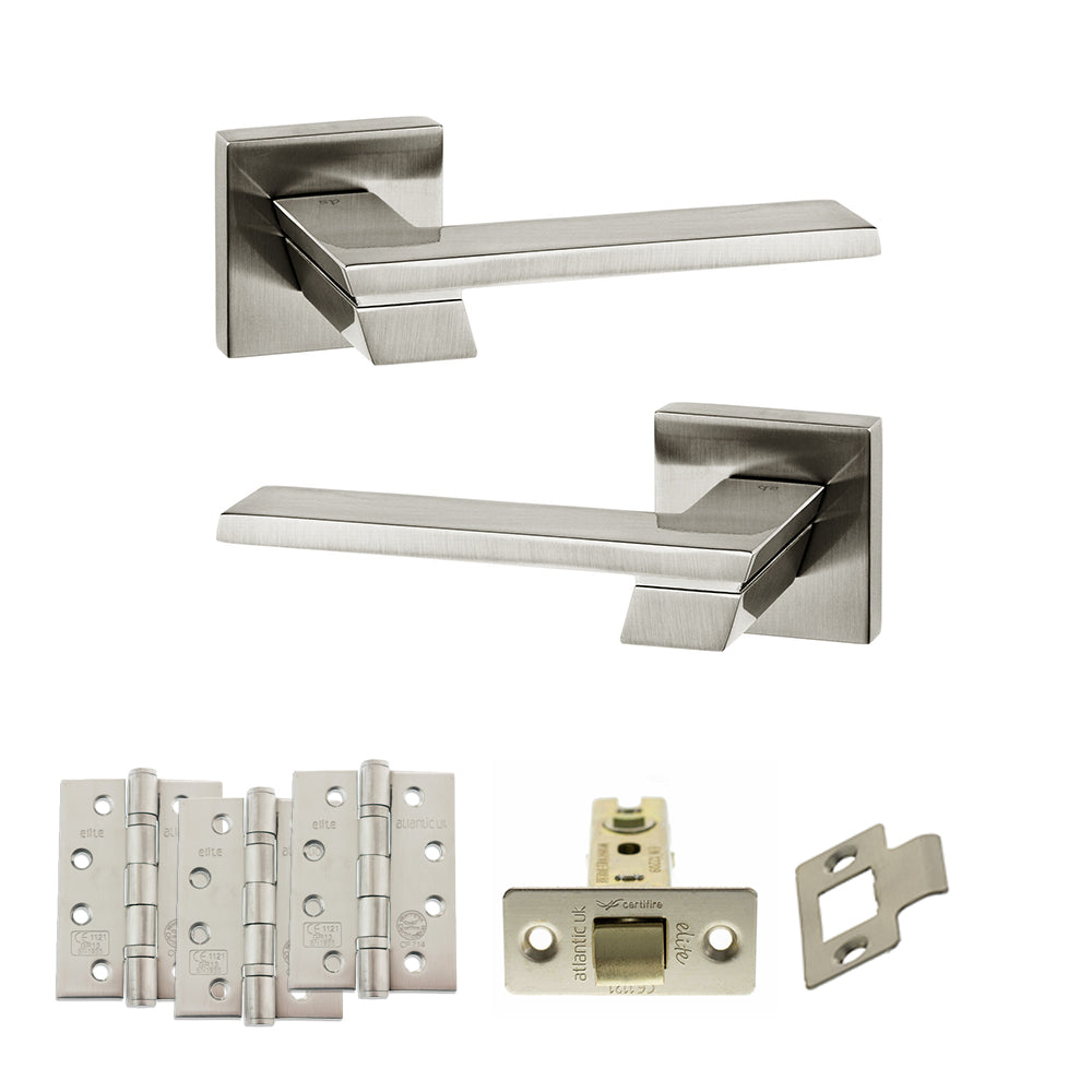 Senza Pari Giovanni Door Handle Pack (Latch Set - 3" CE Latch, 4" Fire Rated Hinges x3) - Satin Nickel