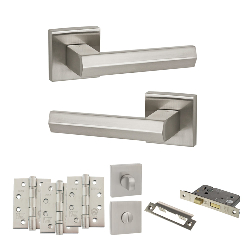 Senza Pari Davoli Door Handle Pack (Bathroom Set - 2.5" CE Bathroom Lock, 4" Fire Rated Hinges x3) - Satin Nickel