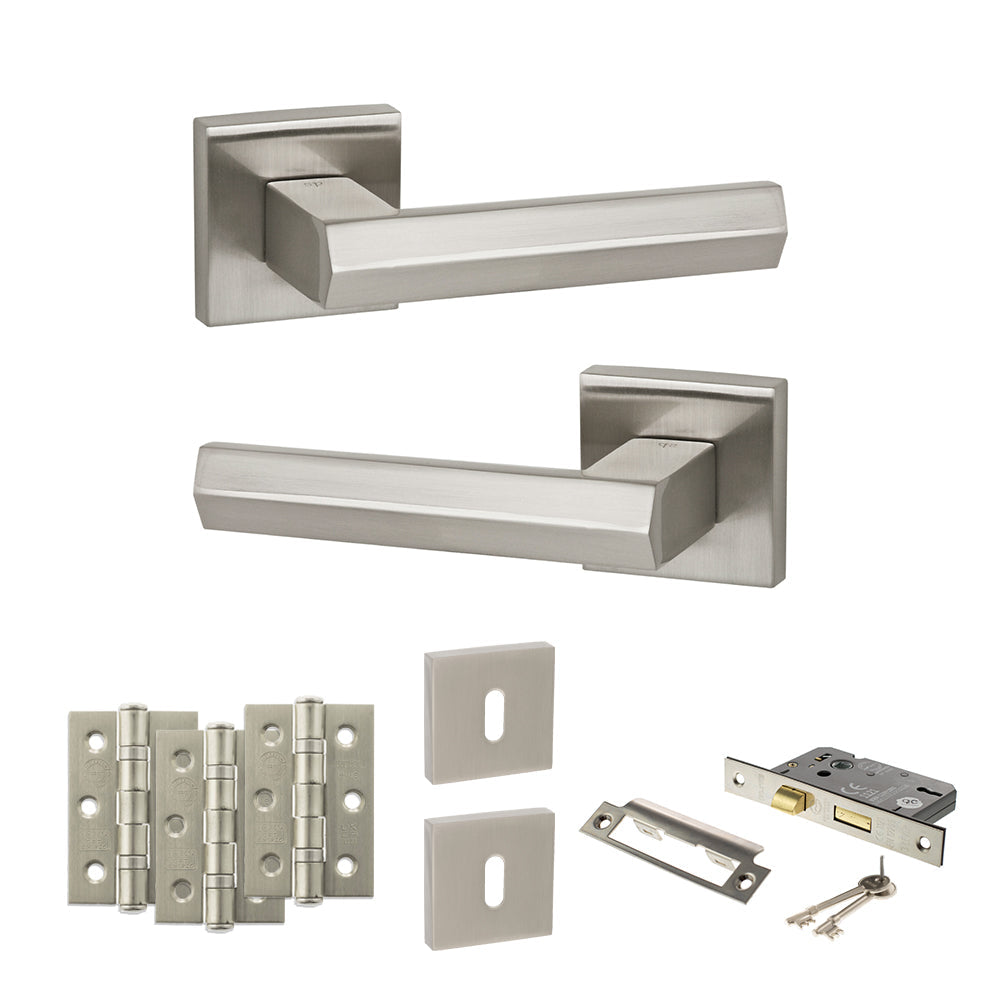 Senza Pari Davoli Door Handle Pack (3 Lever Lock Set - 2.5" CE Sashlock, 3" Fire Rated Hinges x3) - Satin Nickel