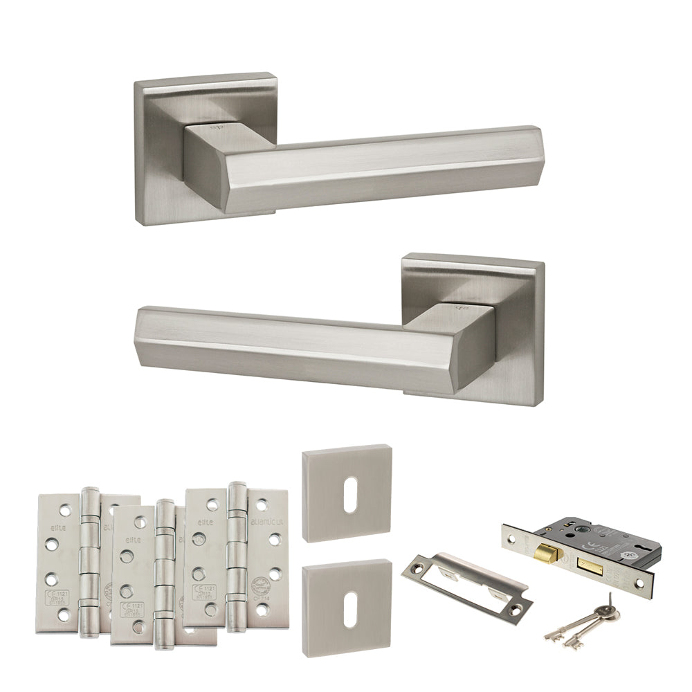Senza Pari Davoli Door Handle Pack (3 Lever Lock Set - 3" CE Sashlock, 4" Fire Rated Hinges x3) - Satin Nickel