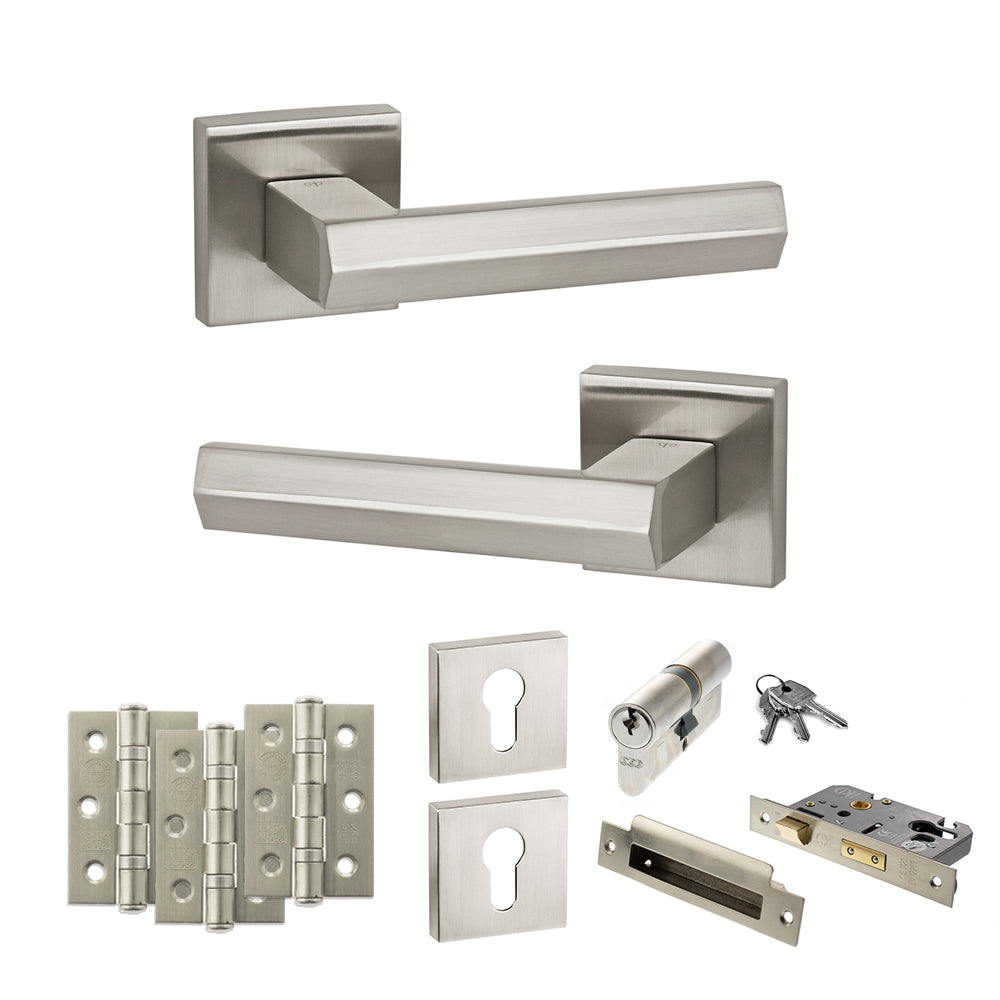 Senza Pari Davoli Door Handle Pack (Euro Lock Set - 3" CE Sashlock, 3" Fire Rated Hinges x3) - Satin Nickel