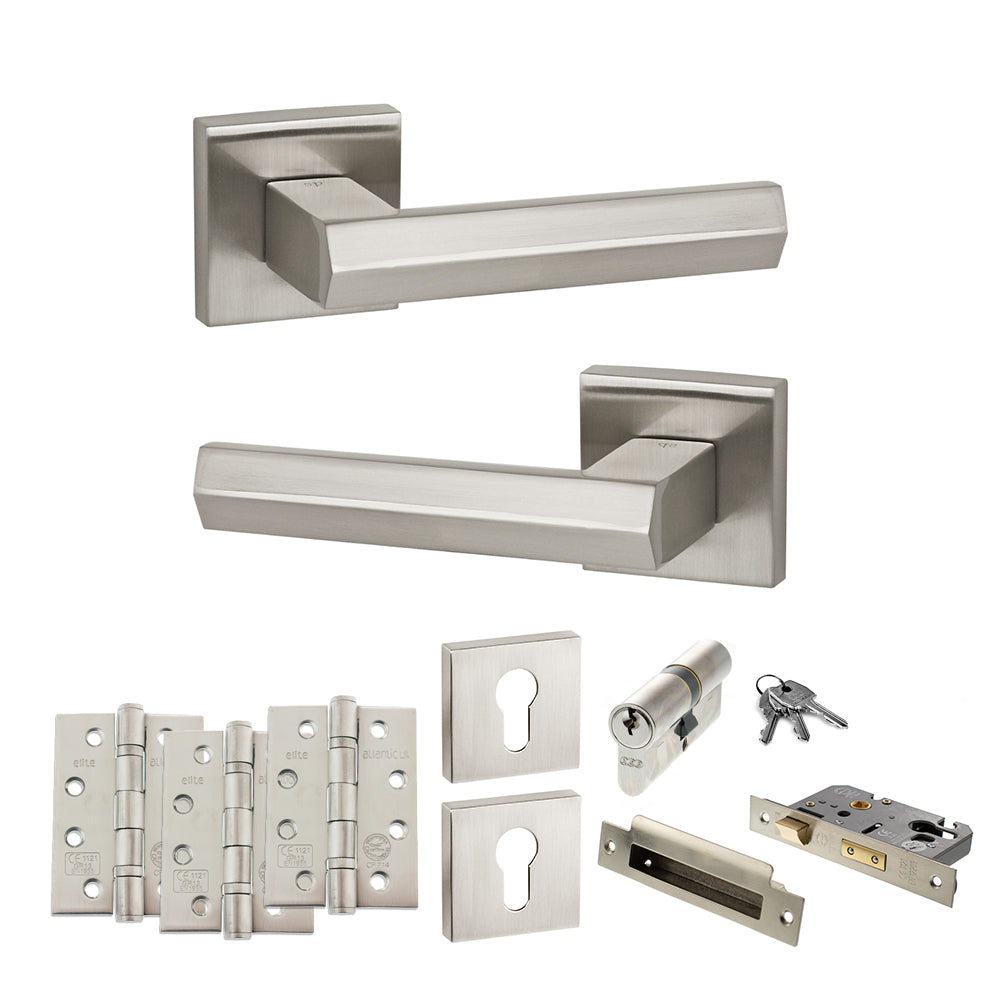 Senza Pari Davoli Door Handle Pack (Euro Lock Set - 2.5" CE Sashlock, 4" Fire Rated Hinges x3) - Satin Nickel