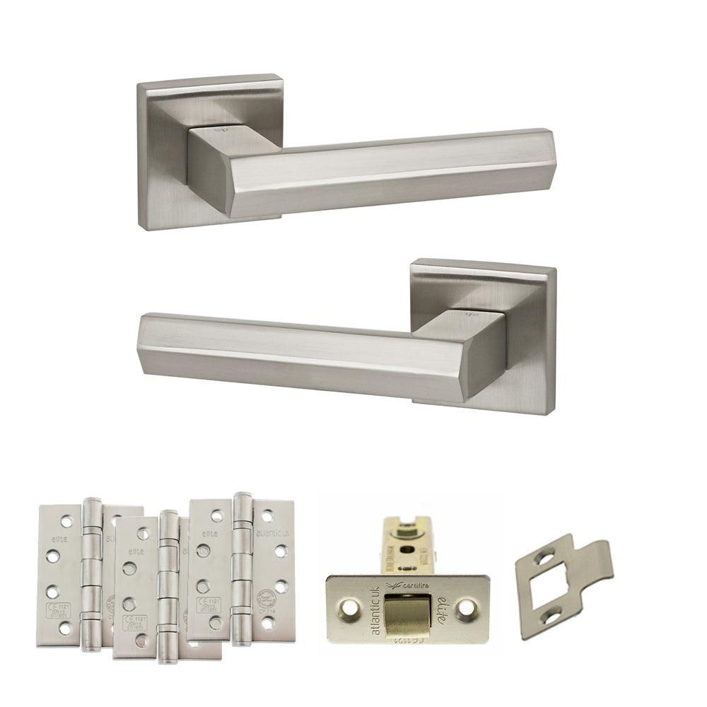 Senza Pari Davoli Door Handle Pack (Latch Set - 3" CE Latch, 4" Fire Rated Hinges x3) - Satin Nickel