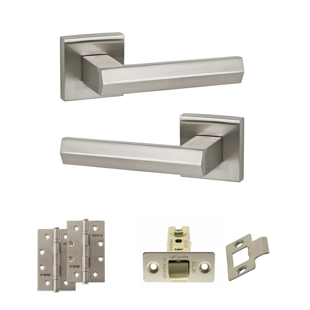 Senza Pari Davoli Door Handle Pack (Latch Set - 3" CE Latch, 4" Slim Knuckle Hinges x2) - Satin Nickel