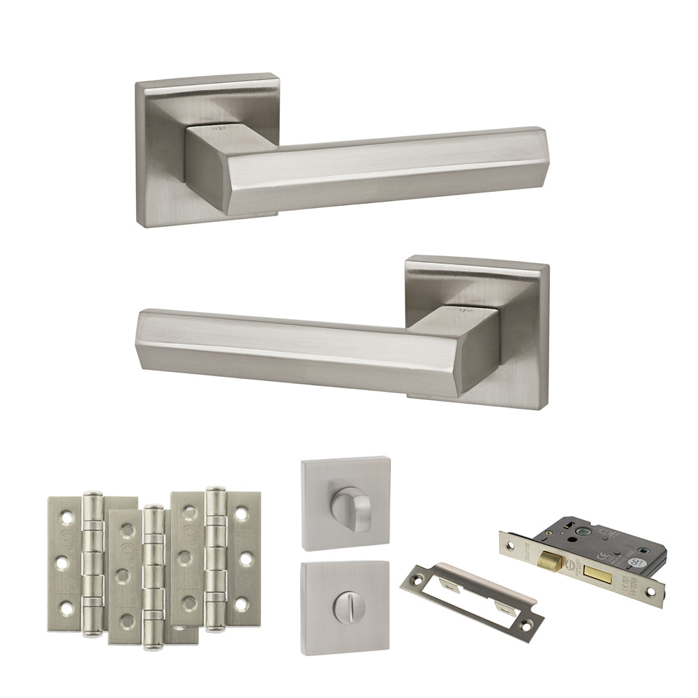 Senza Pari Davoli Door Handle Pack (Bathroom Set - 2.5" CE Bathroom Lock, 3" Fire Rated Hinges x3) - Satin Nickel