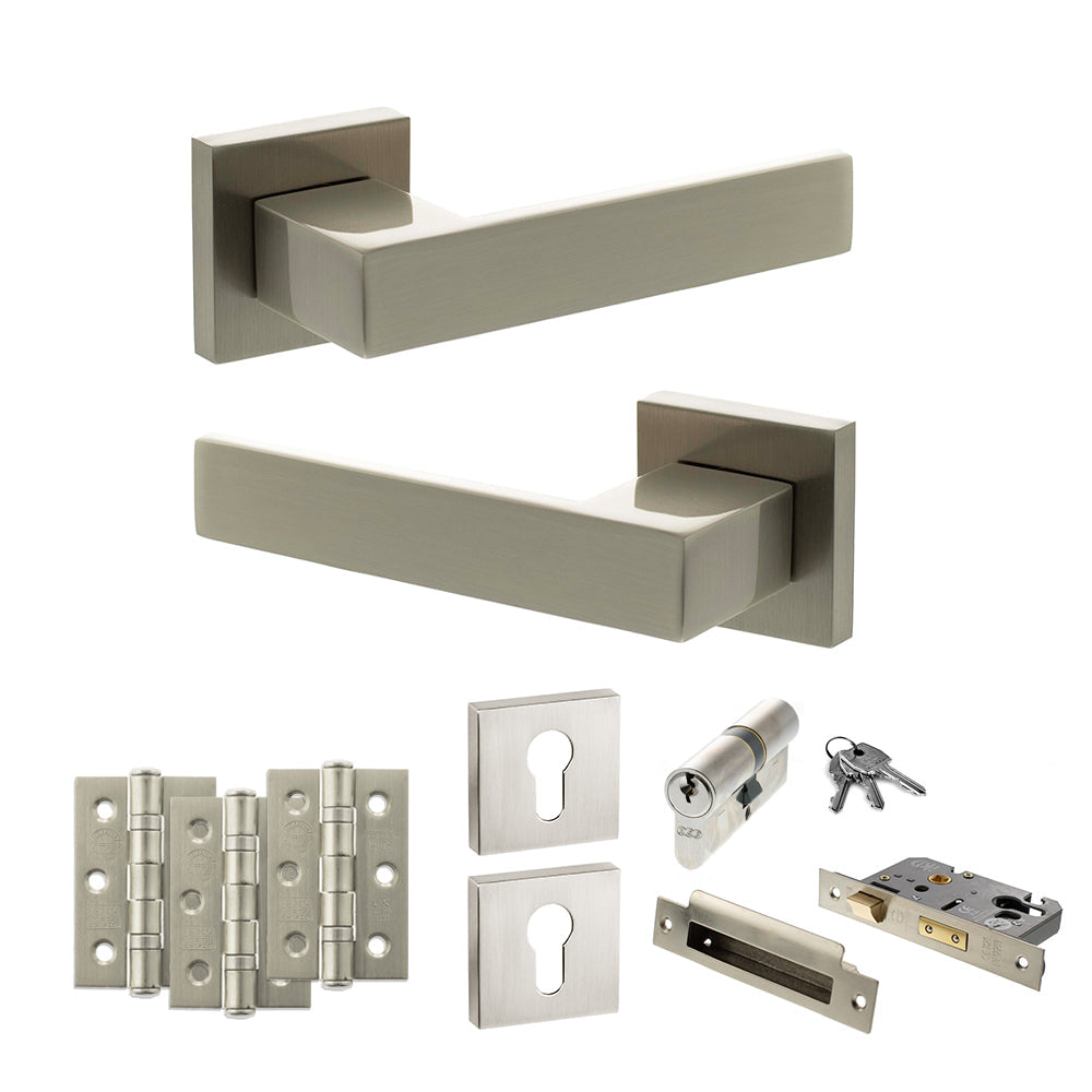 Senza Pari Panetti Door Handle Pack (Euro Lock Set - 3" CE Sashlock, 3" Fire Rated Hinges x3) - Satin Nickel