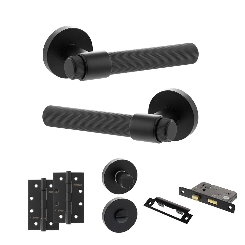 Senza Pari Fasana Door Handle Pack (Bathroom Set - 3" CE Bathroom Lock, 4" Slim Knuckle Hinges x2) - Matt Black