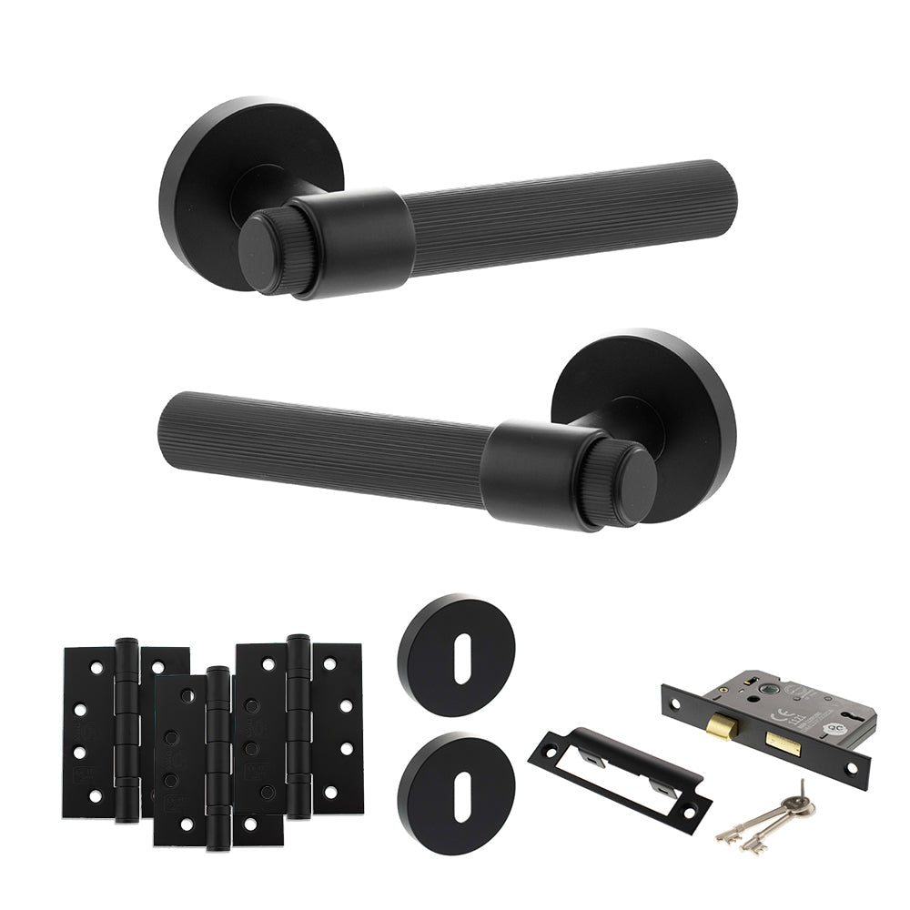 Senza Pari Fasana Door Handle Pack (3 Lever Lock Set - 3" CE Sashlock, 4" Fire Rated Hinges x3) - Matt Black