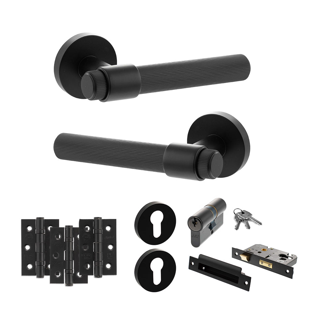 Senza Pari Fasana Door Handle Pack (Euro Lock Set - 2.5" CE Sashlock, 3" Fire Rated Hinges x3) - Matt Black