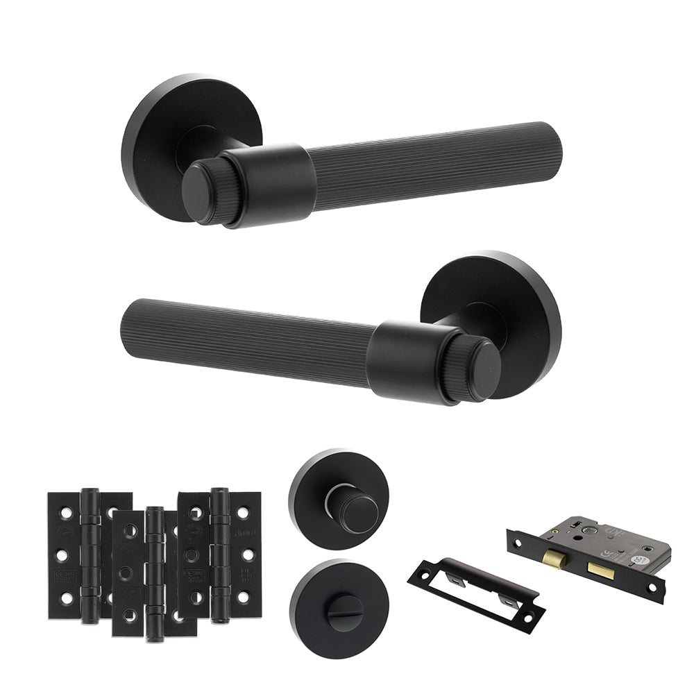 Senza Pari Fasana Door Handle Pack (Bathroom Set - 3" CE Bathroom Lock, 3" Fire Rated Hinges x3) - Matt Black