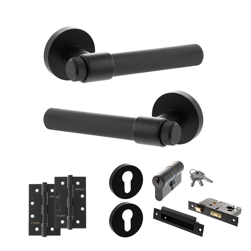 Senza Pari Fasana Door Handle Pack (Euro Lock Set - 3" CE Sashlock, 4" Slim Knuckle Hinges x2) - Matt Black