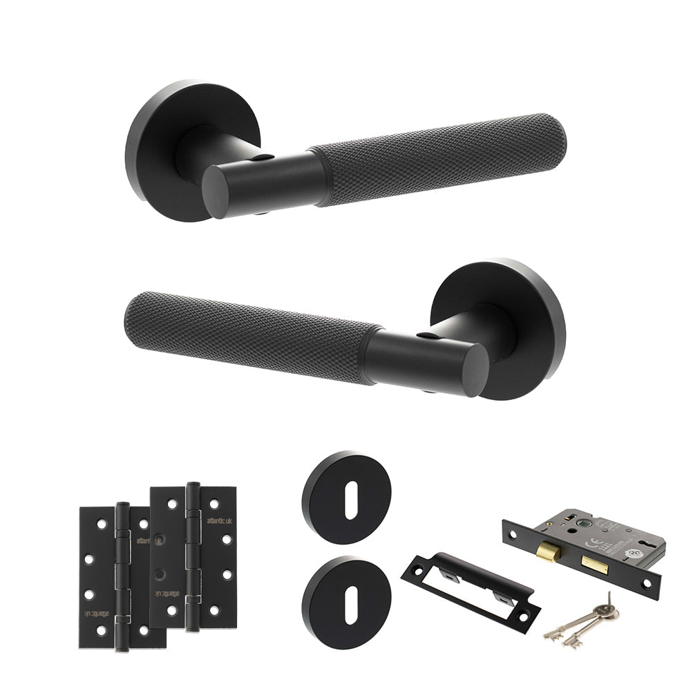 Senza Pari Rosarno Door Handle Pack (3 Lever Lock Set - 2.5" CE Sashlock, 4" Slim Knuckle Hinges x2) - Matt Black