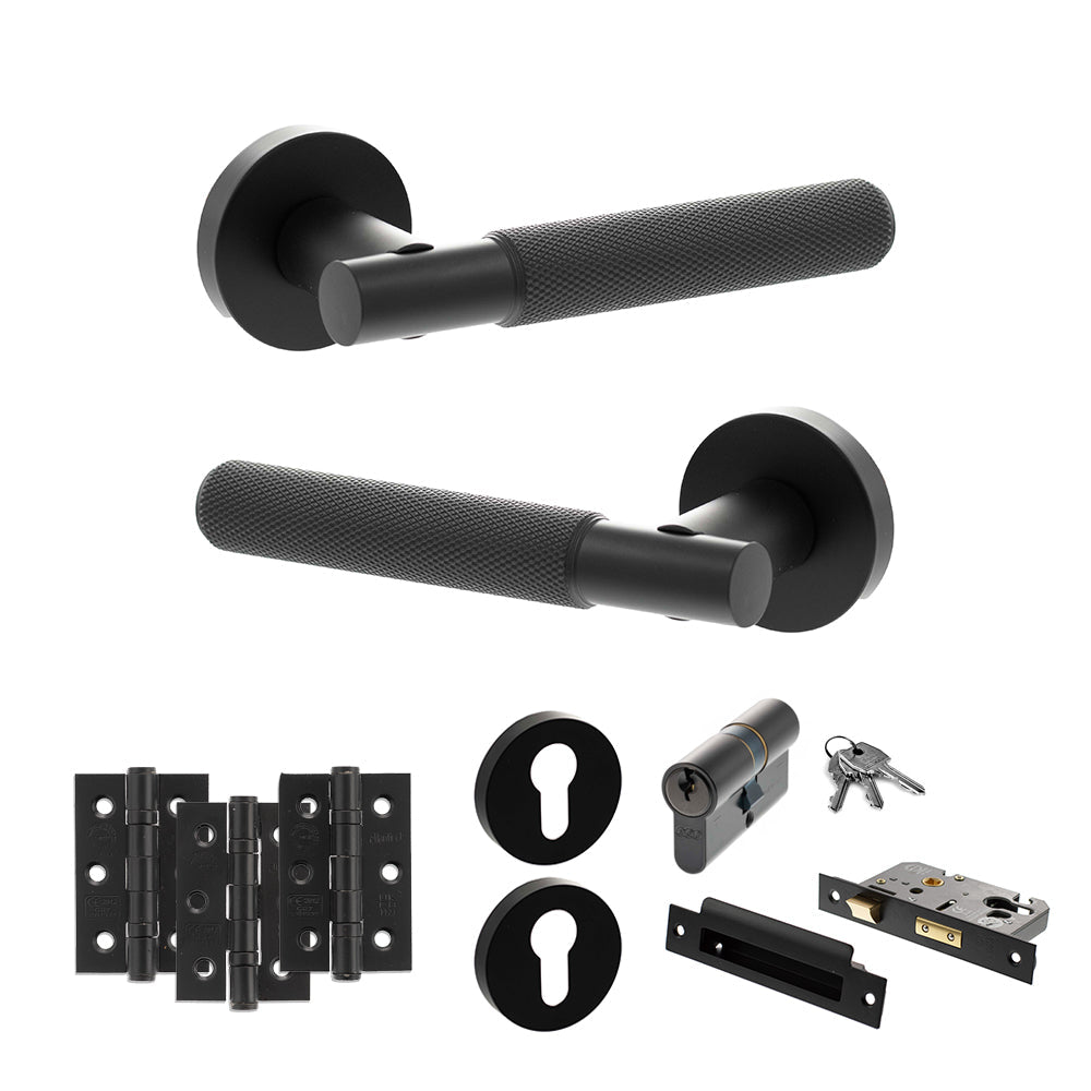 Senza Pari Rosarno Door Handle Pack (Euro Lock Set - 3" CE Sashlock, 3" Fire Rated Hinges x3) - Matt Black