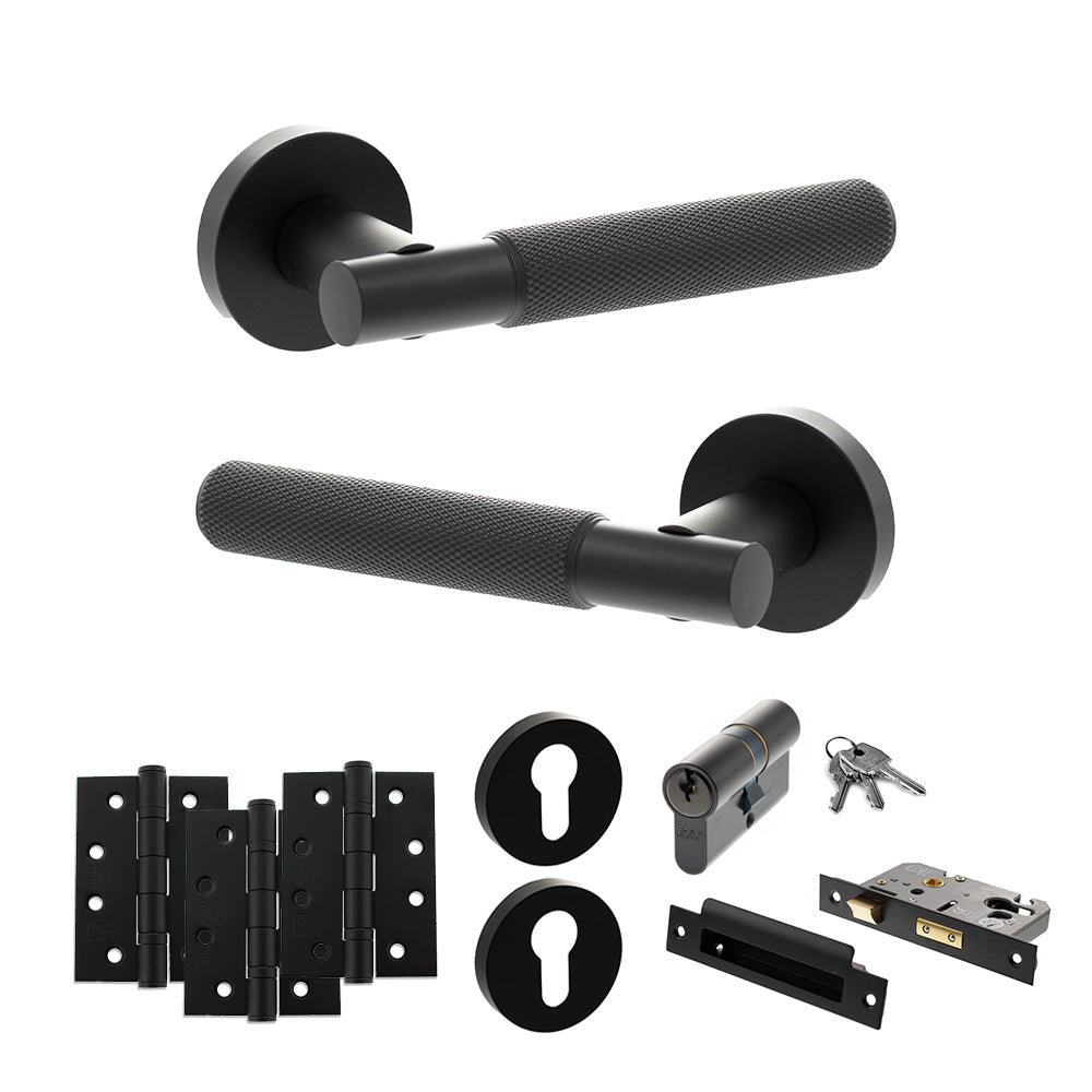 Senza Pari Rosarno Door Handle Pack (Euro Lock Set - 3" CE Sashlock, 4" Fire Rated Hinges x3) - Matt Black