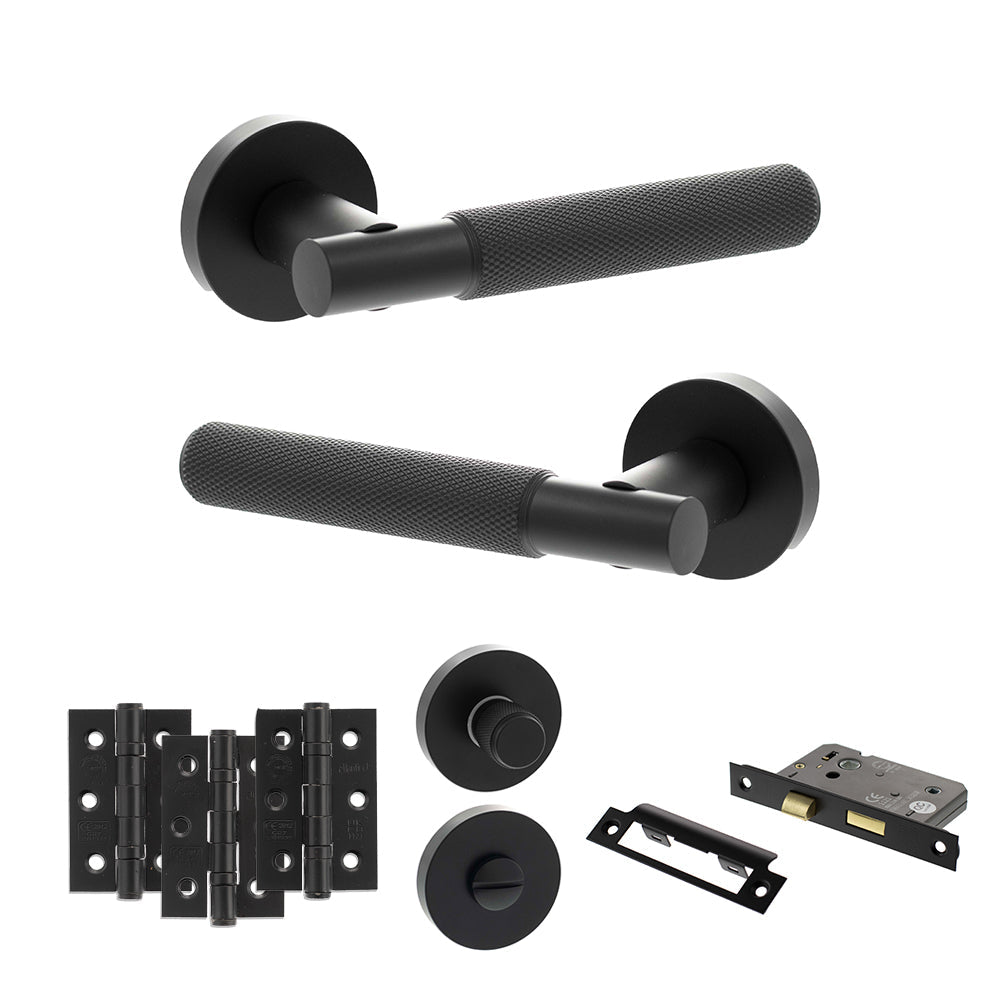 Senza Pari Rosarno Door Handle Pack (Bathroom Set - 2.5" CE Bathroom Lock, 3" Fire Rated Hinges x3) - Matt Black