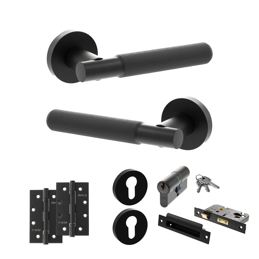 Senza Pari Rosarno Door Handle Pack (Euro Lock Set - 3" CE Sashlock, 4" Slim Knuckle Hinges x2) - Matt Black