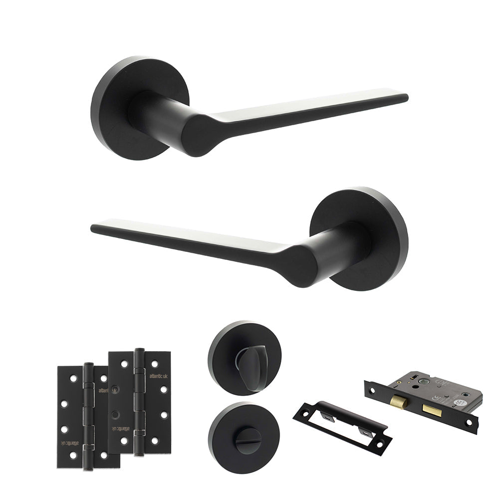 Senza Pari Laviano Door Handle Pack (Bathroom Set - 3" CE Bathroom Lock, 4" Slim Knuckle Hinges x2) - Matt Black