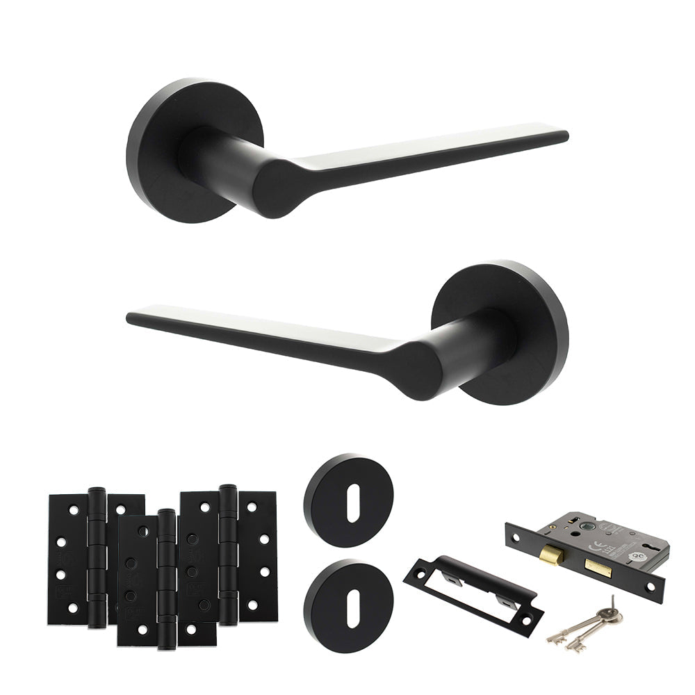Senza Pari Laviano Door Handle Pack (3 Lever Lock Set - 2.5" CE Sashlock, 4" Fire Rated Hinges x3) - Matt Black