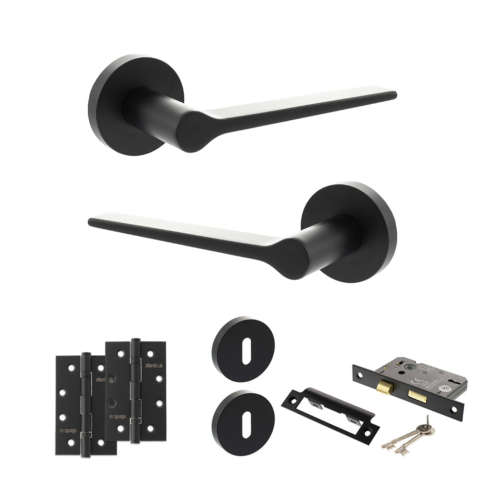 Senza Pari Laviano Door Handle Pack (3 Lever Lock Set - 2.5" CE Sashlock, 4" Slim Knuckle Hinges x2) - Matt Black