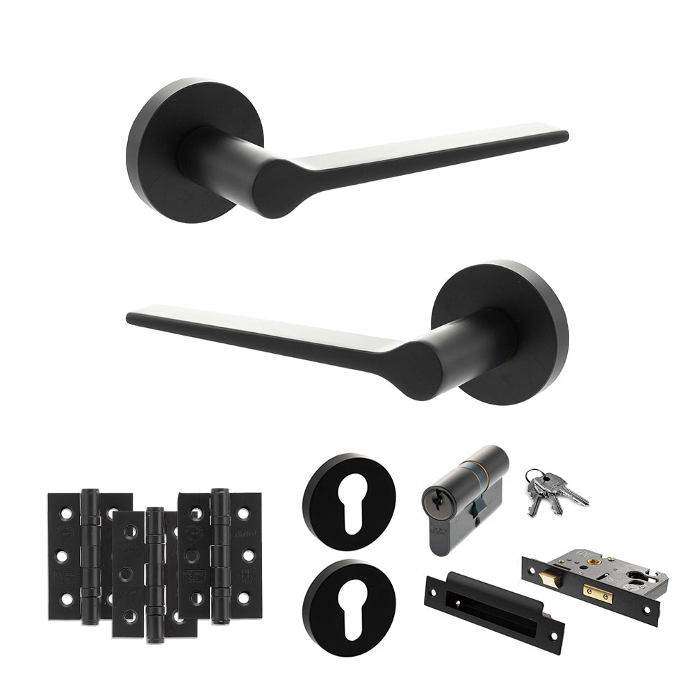 Senza Pari Laviano Door Handle Pack (Euro Lock Set - 2.5" CE Sashlock, 3" Fire Rated Hinges x3) - Matt Black