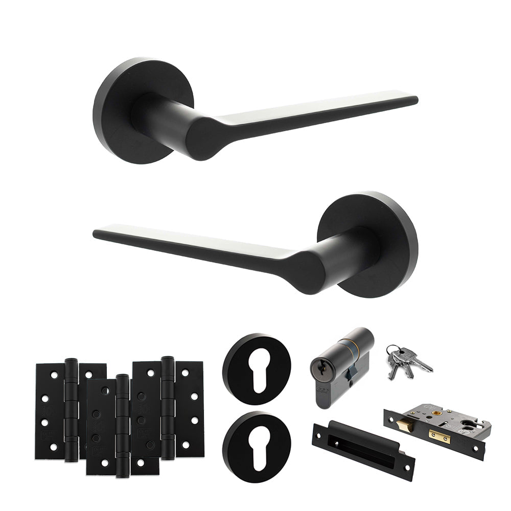 Senza Pari Laviano Door Handle Pack (Euro Lock Set - 2.5" CE Sashlock, 4" Fire Rated Hinges x3) - Matt Black